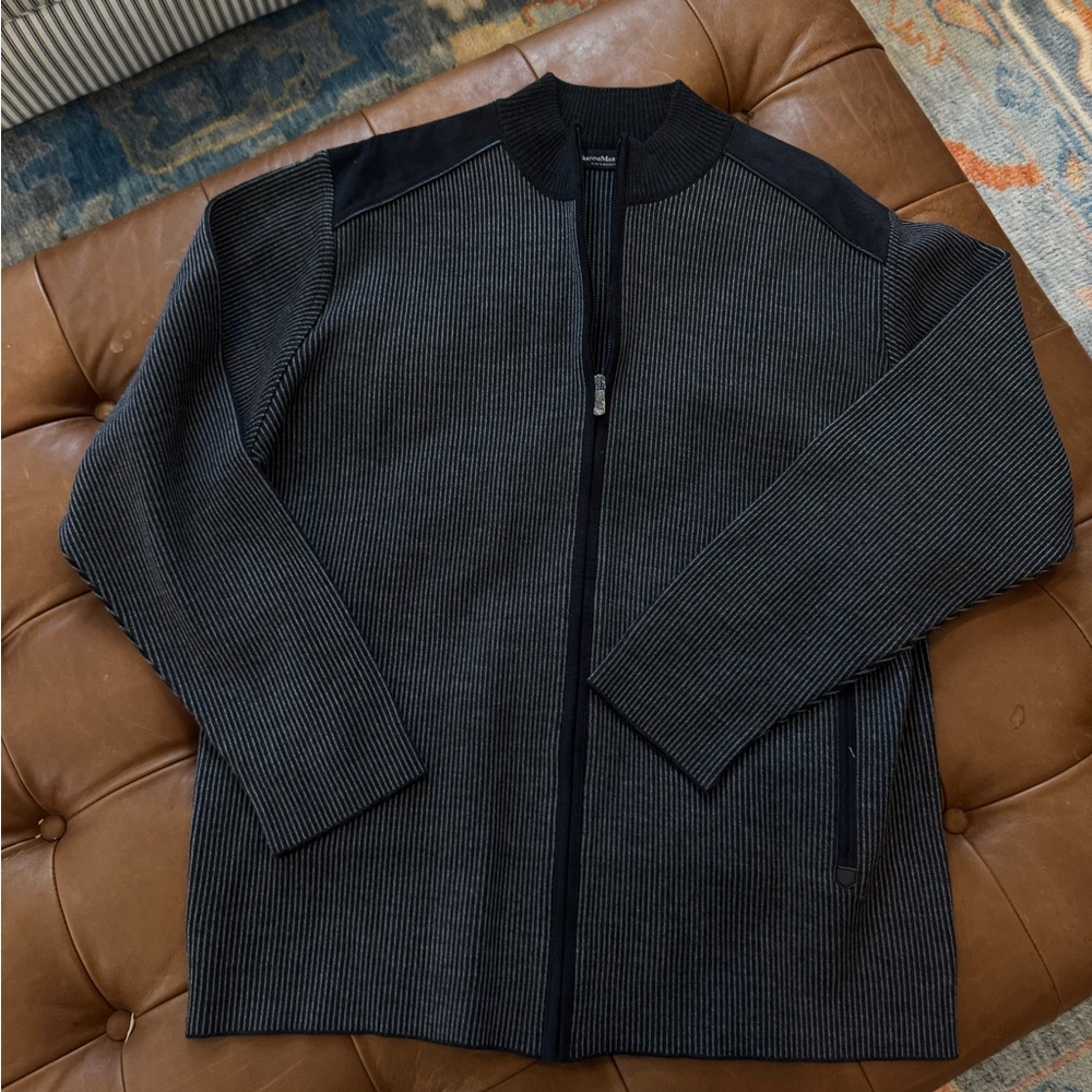 Men's Navy and Gray Zip-Up Sweater